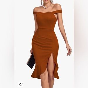 Midi Fitted Off Shoulder Brown Dress